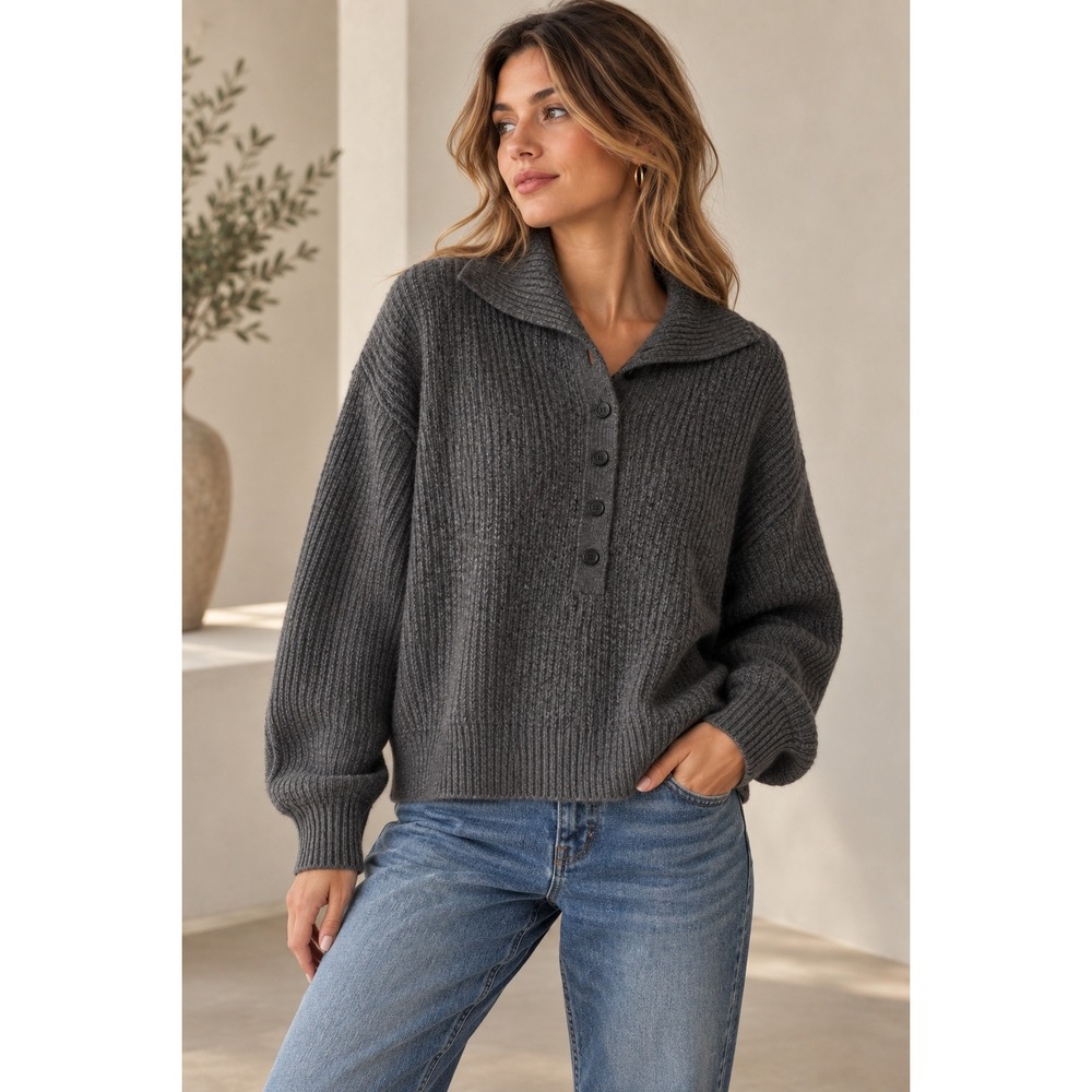 NAADAM Wool Cashmere Ribbed Sweater Womens M Gray Half Button Mock Neck